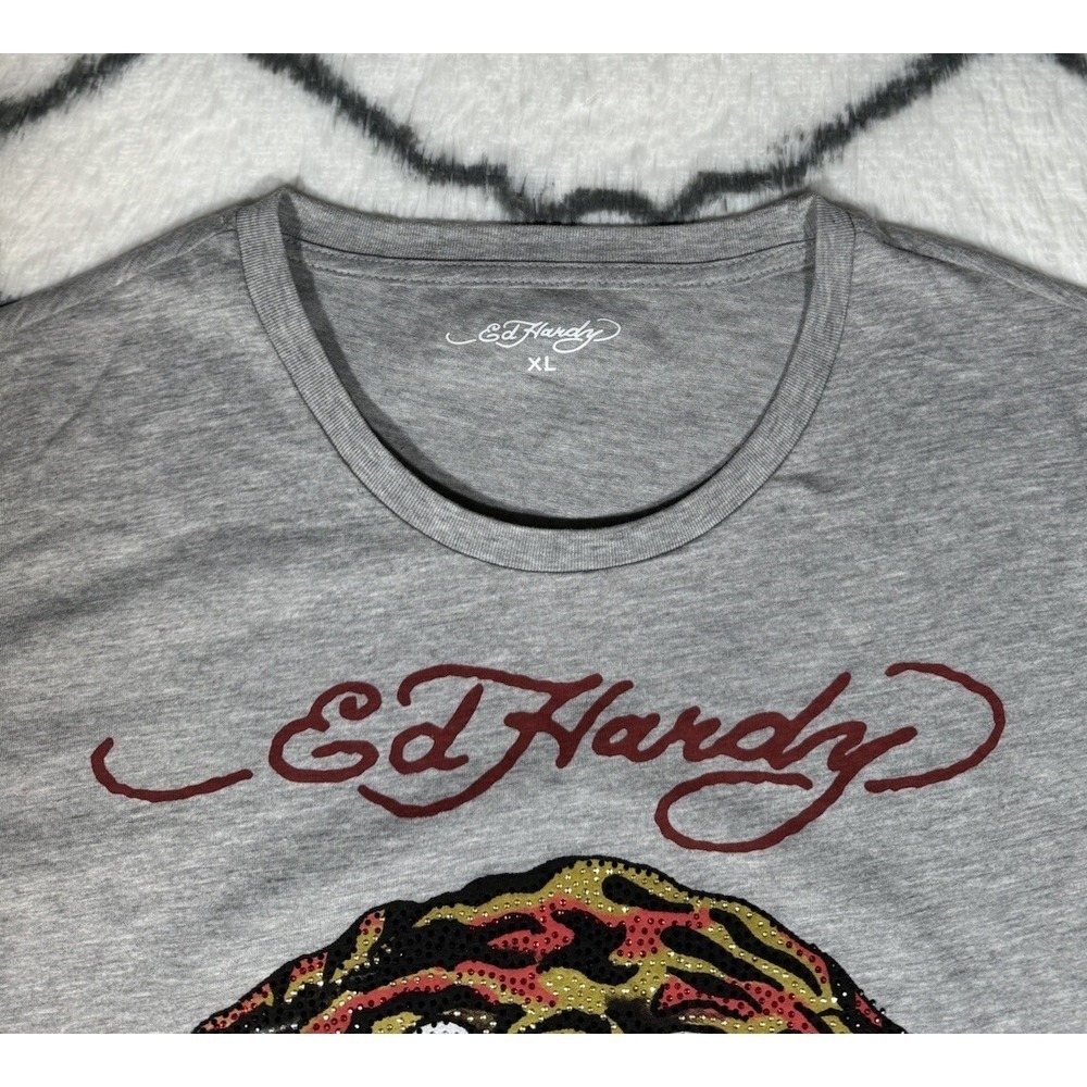 ED HARDY Rhinestone Retro Tiger Graphic T-Shirt Gray Men's Size XL *NEW* $85 - Picture 4 of 6